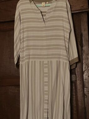 HTC Taupe & Cream Striped Maxi Dress with Button Placket
